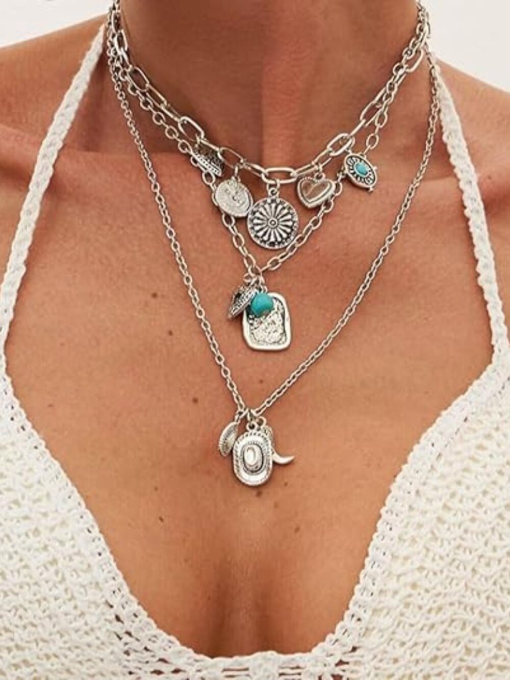 Western Turquoise Layered Chain Necklaces Brown Suede Choker Necklace Set Boho J